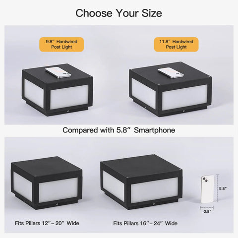 Comparison of 9.8 inch and 11.8 inch Hardwired Outdoor Post Lights with smartphone for size reference