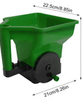 Easy Grip Hand Spreader for Lawns and Gardens, Portable Seed and Fertilizer Spreader, green plastic with dimensions shown