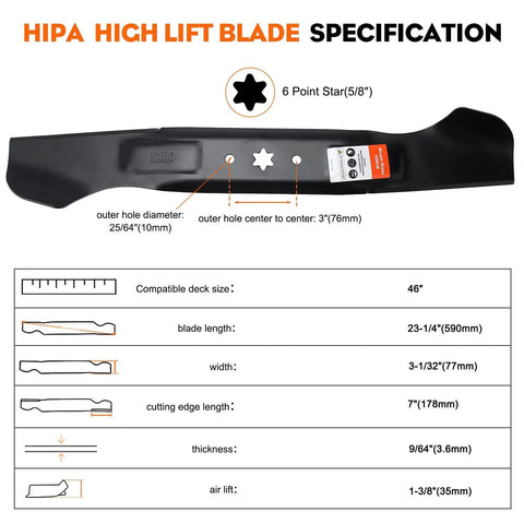 2 Pack High Lift Mower Blades For 46 Inch Decks, 6 Point Star Design, OEM Replacement For Cub Cadet Troy-Bilt Lawn Tractors dimensions chart