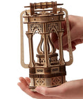 Hands holding Dope Wooden Puzzle Lantern With LED Light for Adults and Teens, DIY assembly, 145 pieces, eco-friendly wood