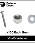 3/8-16 Carriage Bolt Kit Fully Threaded 3-1/2 Inch Hot Dip Galvanized Exterior Use Commercial Grade A307 Includes 100 Sets