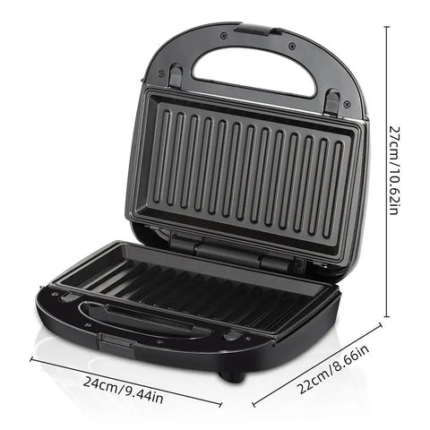 3 In 1 Electric Sandwich Maker With 3 Removable Non Stick Plates Double Sided Heating, open view showcasing ribbed grilling surface.