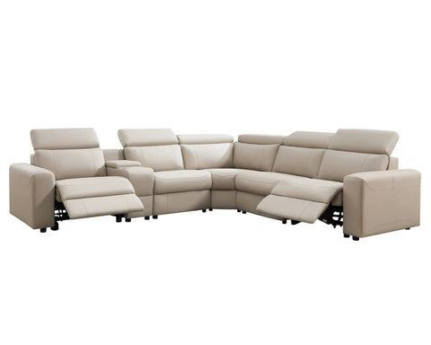 Power Recliner Sectional Sofa With Storage And USB Port, Leather Look Reclining Couch With Adjustable Headrest, Beige Brown