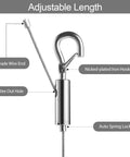 Heavy Duty Picture Hanging Wire Set 6.6 Foot Stainless Steel Rope With Hooks Mirror Frame Hanger Kit Supports Up To 100 Lbs Two Pack Silver Finish No Fuss Setup with adjustable length, nicked-plated iron hook, and wire end details.