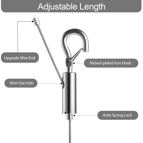 Heavy Duty Picture Hanging Wire Set 6.6 Foot Stainless Steel Rope With Hooks Mirror Frame Hanger Kit Supports Up To 100 Lbs Two Pack Silver Finish No Fuss Setup with adjustable length, nicked-plated iron hook, and wire end details.