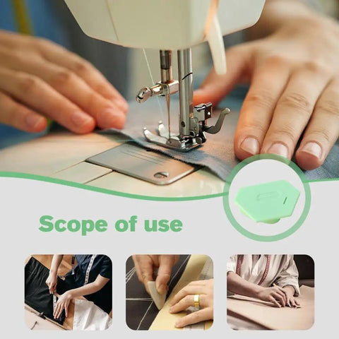 Seam Guide For Sewing Machine Magnetic Polygonal Gauge showing use in edge alignment and hemming with green accessory