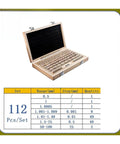 Kickass 112 Piece HSS Steel Woodworking Gauge Block Kit For Router And Table Saw featuring an open wooden case with precision blocks.