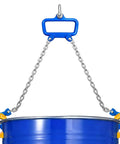 Heavy Duty Chain Drum Lifter Handles 2200 Lbs Vertical Barrel Clamp with secure hooks and chains holding a blue drum.
