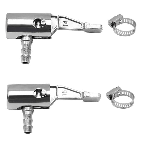 Go To Tool 2 Pack Quarter Inch Lock On Air Chuck Slick Thumb Press Design Tough As Nails Metal Build Zero Leak Seal Ideal For Bike Motorcycle Tire Inflation And Fast Hose Fixes metal air chucks with hose clamps on a white background.
