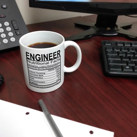 Funny Engineer Mug Gift for Men With Nutritional Facts Label Civil Engineer 11oz Ceramic Coffee Cup on office desk
