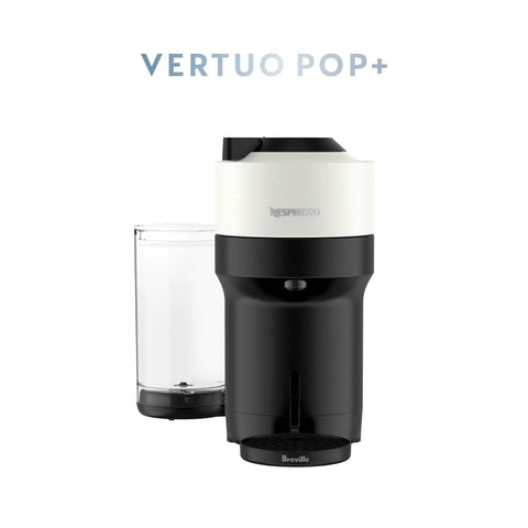 Vertuo Pop Plus Coffee And Espresso Maker From Breville In Coconut White Delivers Five Cup Sizes Including 5 8 And 12 Oz Coffees Plus Single Or Double Espressos Hot Or Iced For Quick Easy Home Barista Vibes And Cafe Quality At Home, front view.