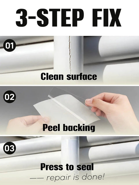 Image showing 3-step fix process for Self Adhesive Tub Repair Patch Kit For Cracks And Holes DIY Friendly Waterproof PVC Wall Patch Roll.