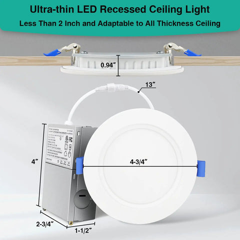 12 Pack Canless LED Recessed 4 Inch Ceiling Lights 1200 Lumens, diagram showing dimensions and ultra-thin design