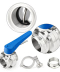4-inch OD 304 stainless butterfly valve kit with blue lever handle and tri-clamp ends