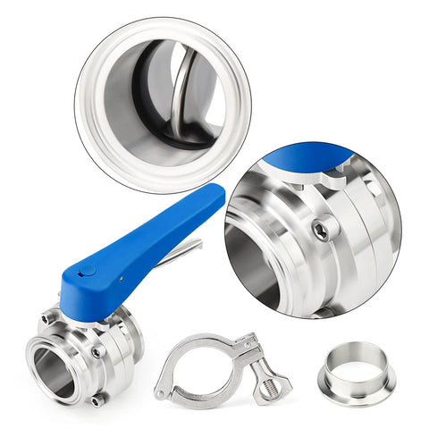 4-inch OD 304 stainless butterfly valve kit with blue lever handle and tri-clamp ends