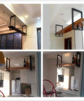 Hanging Wine Glass Rack Ceiling Shelf Retro Industrial Kitchen Storage Wood And Iron Floating Stemware Holder installed.