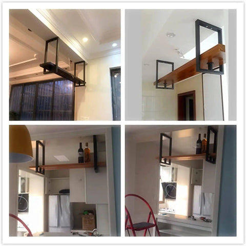 Hanging Wine Glass Rack Ceiling Shelf Retro Industrial Kitchen Storage Wood And Iron Floating Stemware Holder installed.