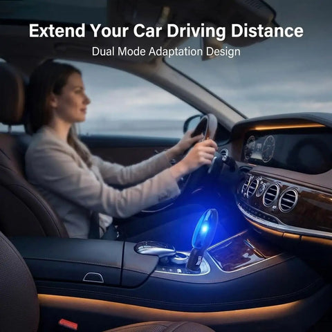Driver using a car with Fuel Sync Gas Saver Plug In Device For Cars And Trucks, Instant Savings And More Miles, glowing in console.