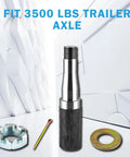 Trailer idler hub kit front view with silver spindle and black sleeve, nut, cotter pin, washer; set of 2