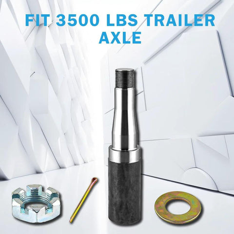 Trailer idler hub kit front view with silver spindle and black sleeve, nut, cotter pin, washer; set of 2