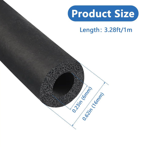 Solid As A Rock Foam Pipe Insulation Tubing With A Sweet Snug Fit Quarter Inch Inner And Five Eighths Outer Diameter Three Point Three Feet Long Durable Weather Shielding Made For Roof Rack Cable Wrapping, showing dimensions.