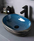 UYTROPLK Bathroom Vessel Sink Small Oval Ceramic Outdoor Indoor Bathroom Vintage Pedestal Basin with Accessories showing glossy blue finish.