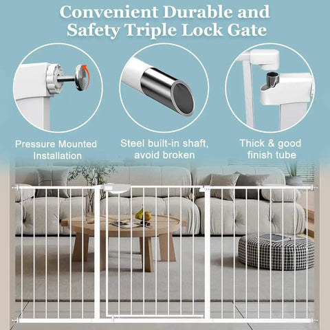 Extra Wide Baby Gate With Triple Lock System Pressure Mounted Walk Through Swing Auto Close Safety Gate shown in living room