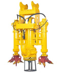 Excavator Hydraulic Submersible Slurry Cutter Pump Heavy Duty Dredge And Sand Extraction Tool with yellow body and red cutter blades.