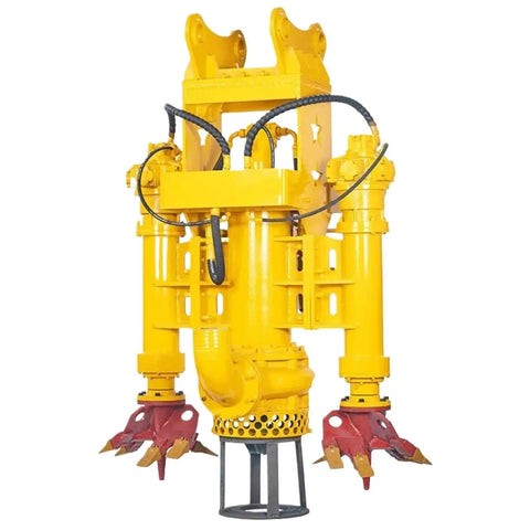 Excavator Hydraulic Submersible Slurry Cutter Pump Heavy Duty Dredge And Sand Extraction Tool with yellow body and red cutter blades.