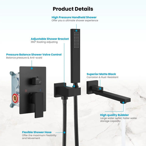 Wall Mounted Bathtub Faucet With Handy Sprayer Built To Last Matte Black Tub Shower Set Single Handle Mixer With 2 In 1 Diverter And Swivel Spout Rough In Valve Included in bathroom details