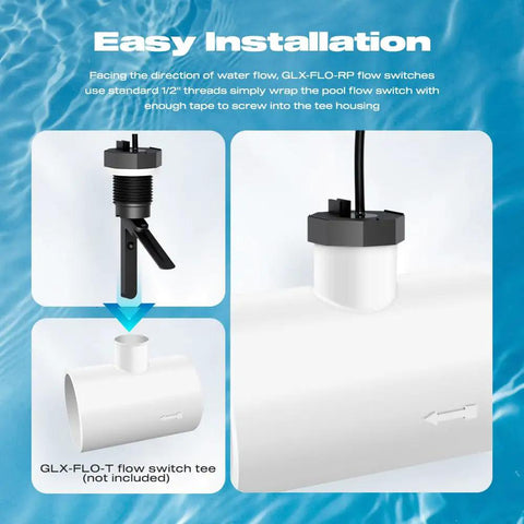 Flow Switch GLX-FLO-RP installation guide with waterproof tape and 1/2'' NPT threads for Hayward Goldline Aquarite Salt System