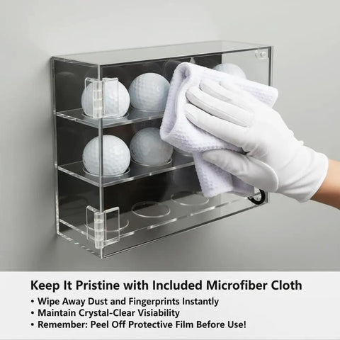 3 Tier Acrylic Golf Ball Display Case With 12 Compartments, Wall Mount Or Desktop Showcase, being cleaned with microfiber cloth