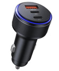 90W Triple Port Car Charger With USB C And A Fast Charge Adapter PD QC with illuminated design and dual ports.