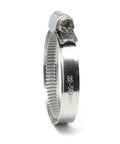 Side view of stainless steel worm-drive hose clamp, 32-50mm, with hex screw
