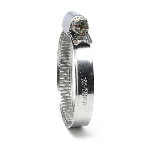 Side view of stainless steel worm-drive hose clamp, 32-50mm, with hex screw