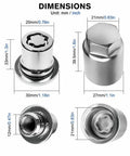 Top-Tier M12x1.5 Wheel Lock Lug Nuts Set With One Sweet Key, Chrome Plated Anti-Theft Lock Kit For Toyota Camry Corolla RAV4 Tacoma Highlander Avalon And Lexus, Sleek Upgrade Replacing 00276-00900. Chrome M12x1.5 wheel lock nut dimensions with key and threaded interior.