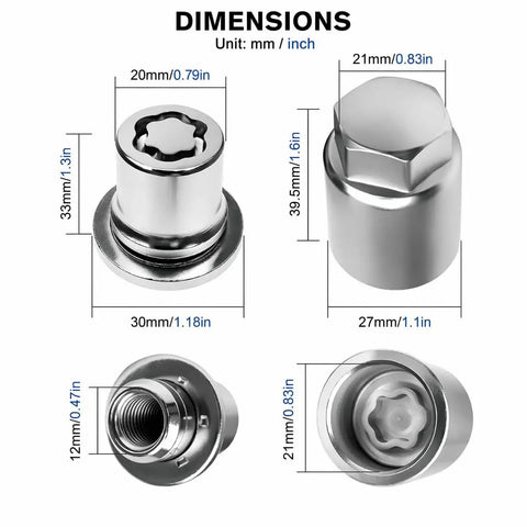 Top-Tier M12x1.5 Wheel Lock Lug Nuts Set With One Sweet Key, Chrome Plated Anti-Theft Lock Kit For Toyota Camry Corolla RAV4 Tacoma Highlander Avalon And Lexus, Sleek Upgrade Replacing 00276-00900. Chrome M12x1.5 wheel lock nut dimensions with key and threaded interior.