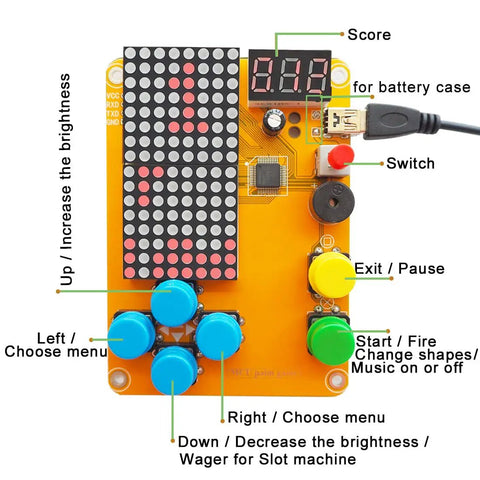 Hands On Solder Kit With Five Retro Game Classics For Electronics Practice featuring labeled board components.
