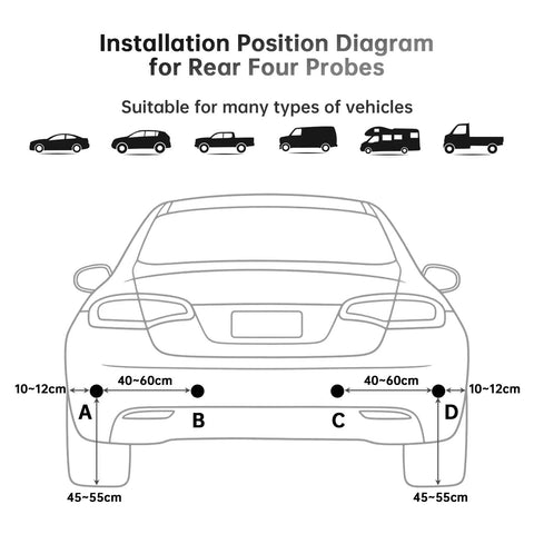 Installation position diagram for Back Up Parking Sensor Kit for Cars SUVs and Vans with 4 Waterproof Ultrasonic Sensors Digital Control Box.