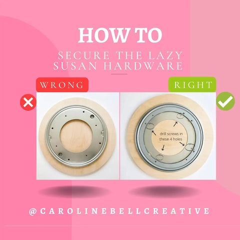 How to secure 12 Inch Steel Lazy Susan Turntable With Ball Bearing, showing correct and incorrect screw placements in hardware