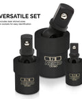 Impact Universal Joint Socket Swivel Set, Extension Socket Trio For 1/4, 3/8, And 1/2 Inch Sockets, Cr-Mo Heat-Treated Steel