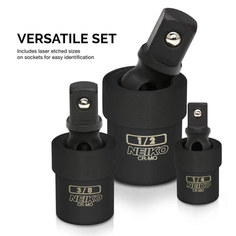 Impact Universal Joint Socket Swivel Set, Extension Socket Trio For 1/4, 3/8, And 1/2 Inch Sockets, Cr-Mo Heat-Treated Steel