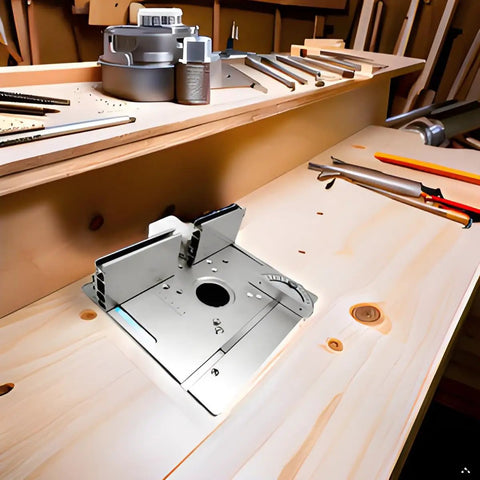 Top Shelf Aluminum Router Table Insert Plate Featuring Precision Accuracy Scale in a woodshop setup with tools.