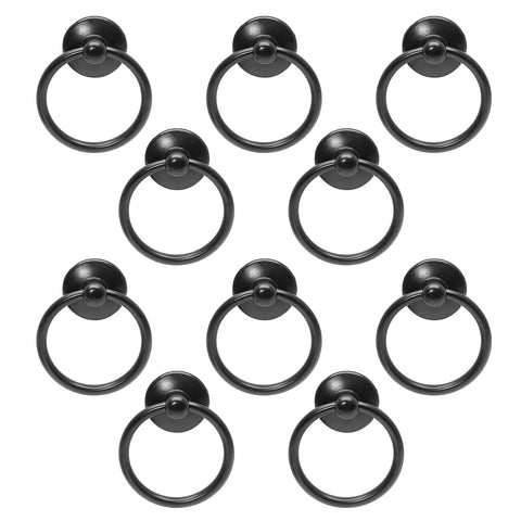 10 Pcs Black Ring Pull Handles for Cabinets and Dresser Drawers Single Hole One And Three Quarter Inch Zinc Alloy Knobs on white background