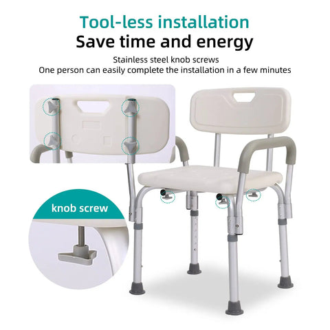 Tool Free Assembly Spa Bathtub Shower Lift Chair With Adjustable Height, Removable Arms And Backrest, White Bath Chair