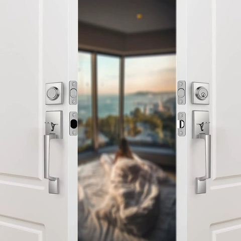 Double Door Handle Set With Dummy Lever And Single Cylinder Deadbolt, Satin Nickel Finish on white doors with view
