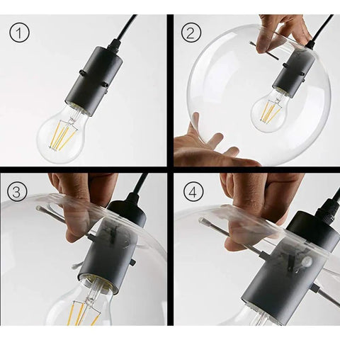 Industrial Clear Glass Globe Pendant Light E27 being assembled with bulb and cord