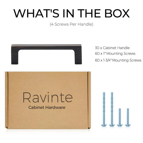 30 Pack Solid 3-1/2 Inch Square Cabinet Handles In Oil Rubbed Bronze box contents, including handles, screws, and packaging.