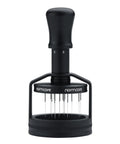 Top Shelf 58mm Espresso WDT Tool Featuring 16 Concentric Needles And Rock Solid Magnetic Base For Hella Even Puck Distribution Adjustable Depth Coffee Needle Stirrer Totally Nailing Shots Daily, black handheld espresso tool with adjustable depth.