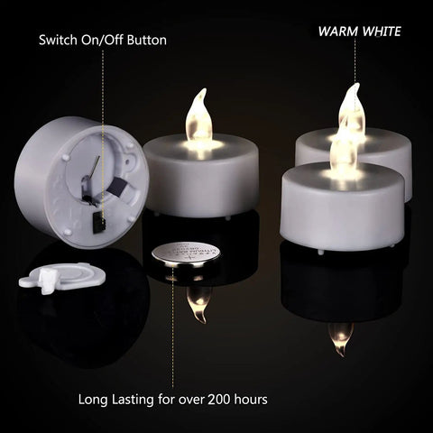 Battery Operated LED Tea Light Candles 24 Pack Flameless Flickering Warm White showing switch, battery, and warm glow